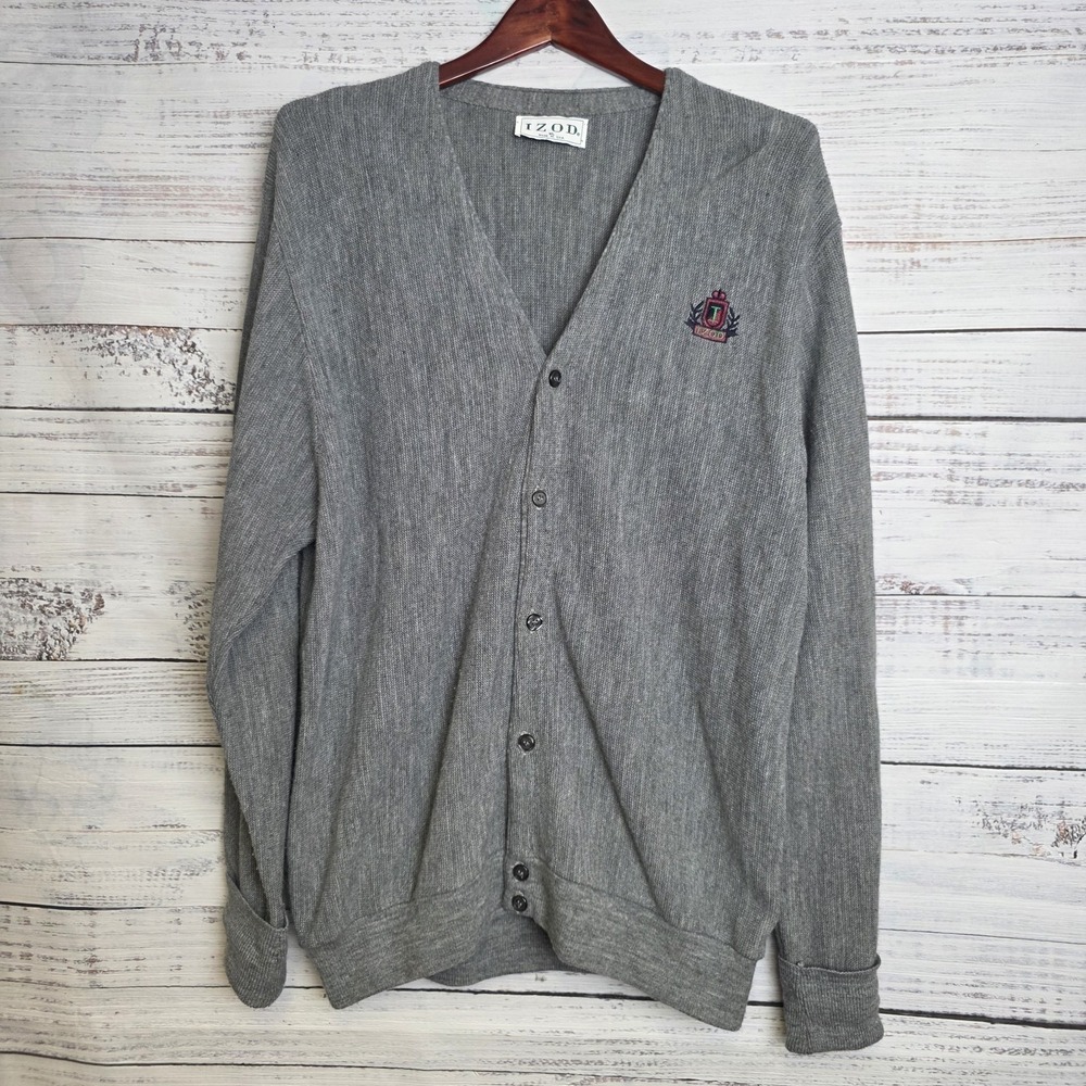 Vintage IZOD Cardigan Sweater Mens XL Gray Crest Logo USA Button Up Grandpa-core - Picture 2 of 9